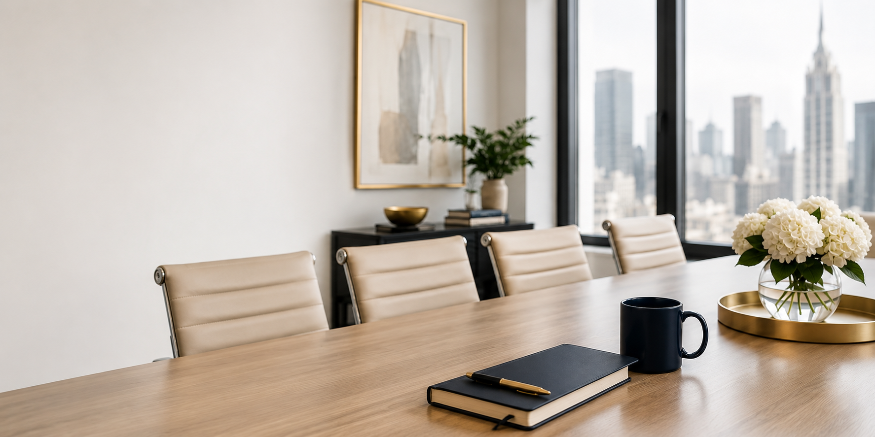 Empty executive boardroom — notebook, Institutional Judgment mug, flowers, city view